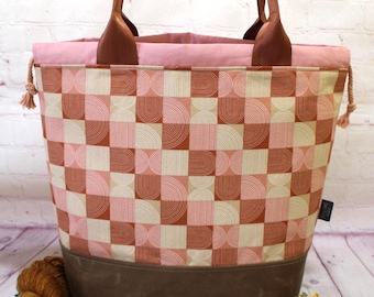 Pink Geo Waxed Canvas Project Bag Knitting Tote Bag XL Large Project Bag Crochet Project Tote Bag Sweater Shawl Project Bag Tote Craft Bag