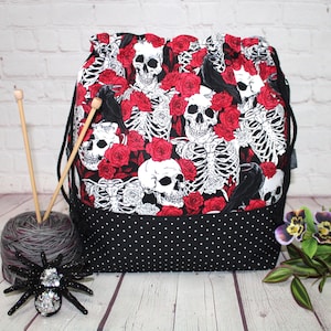 Skulls & Roses Drawstring Project Bag XL Large Knitting Project Bag Medium Crochet Project Bag Cross Stitch Craft Project Bag Sweater Shawl