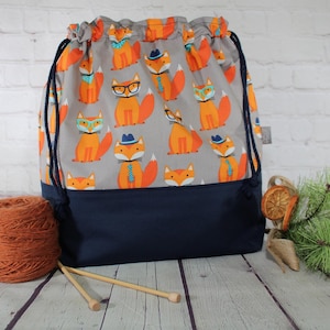 Foxes in Glasses Drawstring Project Bag XL Large Knitting Project Bag Medium Crochet Project Bag Cross Stitch Project Bag Sweater Shawl Bag