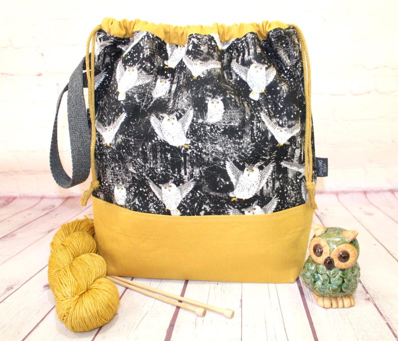 Night Owl Project Bag Knitting Tote Bag XL Large Medium Project Bag Crochet Project Bag Sweater Shawl Scarf Projects Craft Tote Bag image 1