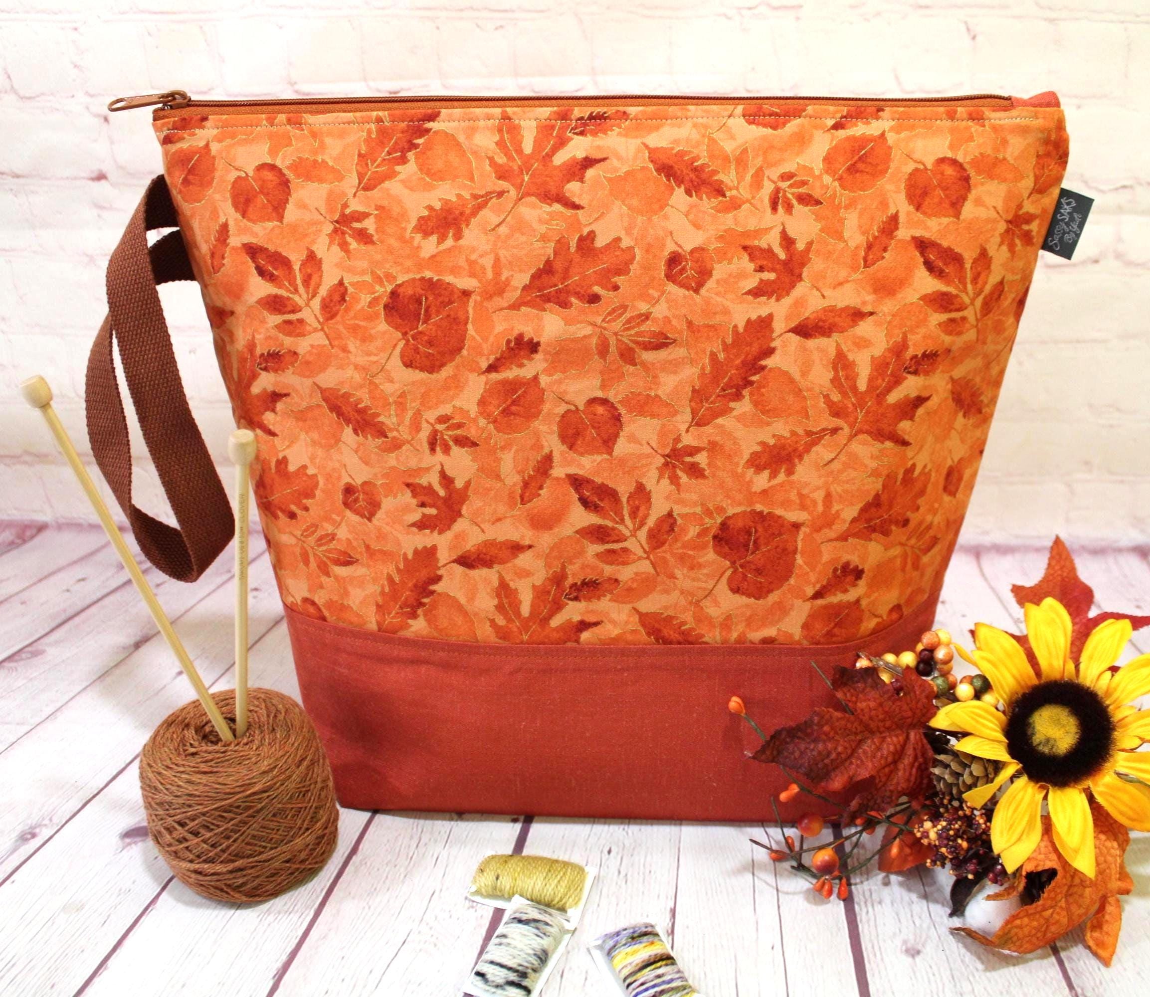 Fall Leaves Project Bag XL Large Zipper Project Bag Knitting Tote Bag Crochet Projects Cross Stitch Zipper Bag Sweater Shawl Project bag