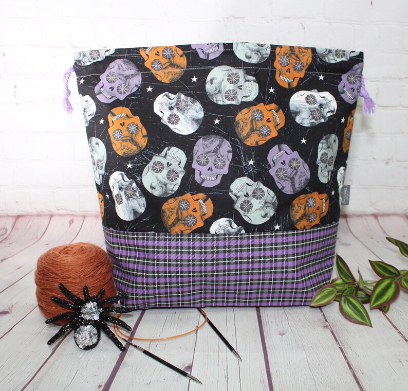 Skulls on Purple Plaid Knitting Project Bags XL Large - Etsy