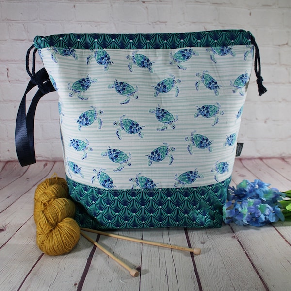Turtles On Seashells Knitting Project Bag, XL, Large and Medium Projects, Crochet Project Bag, Sweater, Shawl, Scarf Project Bag, Craft Bag