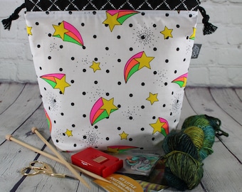 Stars Rainbow - SASSY Little Sack, Sock Knitting Project Bag, Crochet Yarn Sack, Small Knitting Bag, knitting Sack, Hats, Scarf, baby Knits