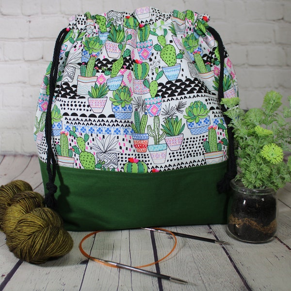 Sac de projet tricot cactus, XL, grand, moyen, petit sac de projet avec cordon de serrage, sacs de projet de crochet, pull, châle, écharpe, sac de création de chaussettes