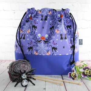 Bolsa de proyecto con cordón y diseño de gato adorable y espeluznante, talla XL, grande y mediana. Bolsa para proyectos de tejido, ganchillo, suéteres, chales y bufandas.