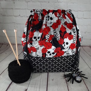 Roses & Skull Knitting Project Bags, XL, Large, Medium, Small Drawstring project Bag, Crochet project Bag, Sweater, Shawl, Scarf, Sock Craft