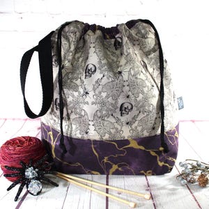 Skulls & Lace Project Bag Knitting Tote Bag XL Large Medium Project Bag Crochet Project Bag Sweater Shawl Scarf Project Bag Craft Bag