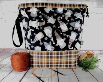 Plaid Gnomes Project Bag Knitting Tote Bag XL Large Medium Project Bag Crochet Project Bag Sweater Shawl Scarf Projects  Craft Tote Bag