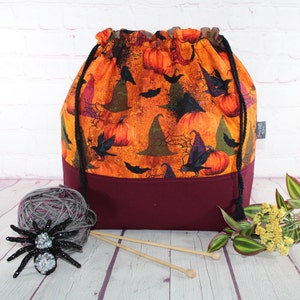 Bolsa de proyecto con cordón ajustable con forma de sombrero de bruja, bolsa de proyecto de punto extragrande, bolsa de proyecto de ganchillo mediana, bolsa de proyecto de punto de cruz, suéter, chal