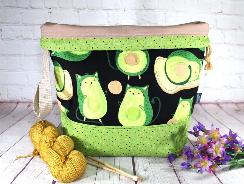 Bolsa para proyectos de tejido AvoCato Toast, bolsa de tela XL, bolsa de tela para proyectos de ganchillo, bolsa de tela para proyectos de suéteres, chales y bufandas. imagen 6