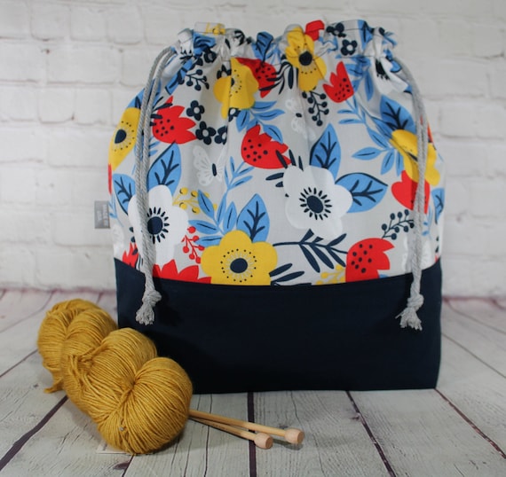 Floral Knitting Project Bags, XL, Large, Medium, Small Drawstring