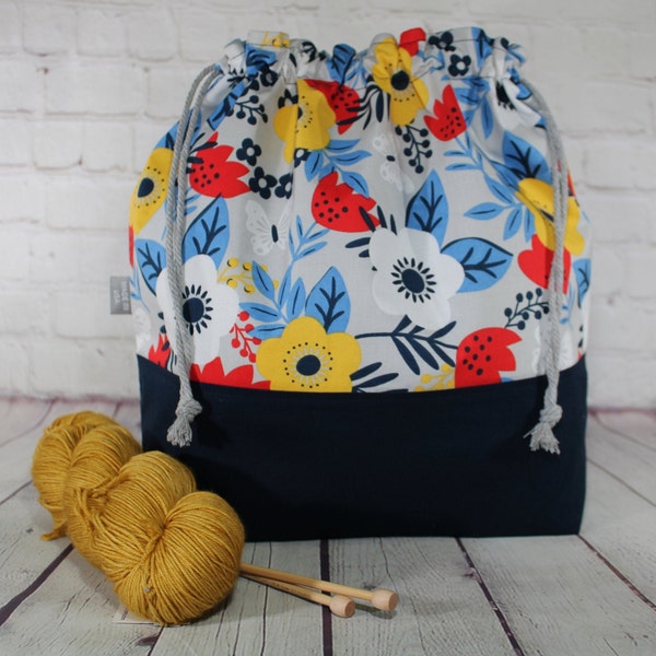 Sacs à projets de tricot floral, XL, grand, moyen, petit sac de projet avec cordon de serrage, sacs de projet de crochet, pull, châle, écharpe, sac de création de chaussettes