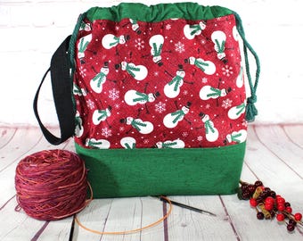 Snowman Project Bag Knitting Tote Bag XL Large Medium Project Bag Crochet Project Bag Sweater Shawl Scarf Projects Craft Tote Bag