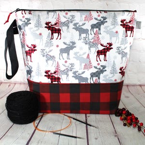 Bolsa para projetos com zíper xadrez Moose Elk, bolsa para projetos grande GG, bolsa para projetos de tricô, bolsa para projetos de crochê, bolsa para projetos de ponto cruz, bolsa para artesanato com zíper