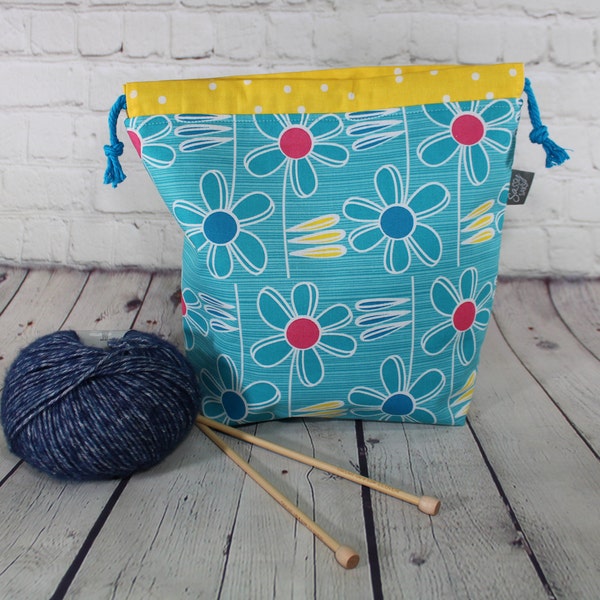 Daisies & Polka Dots -SASSY Little Sack, Sock Knitting Project Bag, Crochet Sack, Small Knitting Bag, knitting Sack, Hats, Scarf, baby Knits