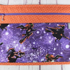 Flying Witches Vinyl Front Project Bag Cross Stitch Zipper Project Bag Embroidery Needlepoint project Bag School Projects Organizer Pouch