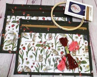 Hungry Mice Vinyl Front Project Bag Cross Stitch Zipper Project Bag Embroidery Needlepoint project Bag School Projects Organizer Pouch