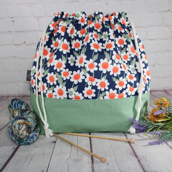 Daisies Knitting Project Bags, XL, Large, Medium, Small Drawstring project Bag, Crochet project Bags, Sweater, Shawl, Scarf, Sock Craft Bag