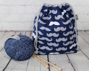 Mr. Mustache - SASSY Little Sack, Sock Knitting Project Bag, Crochet Yarn Sack, Small Knitting Bag, knitting Sack, Hats, Scarf, baby Knits