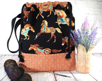 Bolso de proyecto Boho Horses, bolso de tela para tejer, bolso de mano XL, bolso de proyecto mediano, bolso de proyecto de ganchillo, bolso de proyecto de suéter, chal, bufanda, proyectos, bolso de mano para manualidades