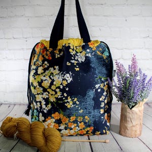 Painted Flowers Tote Project Bag Knitting Project Bag XL Large Projects Crochet Project Tote Bag Sweater Shawls Project Craft Tote Bag