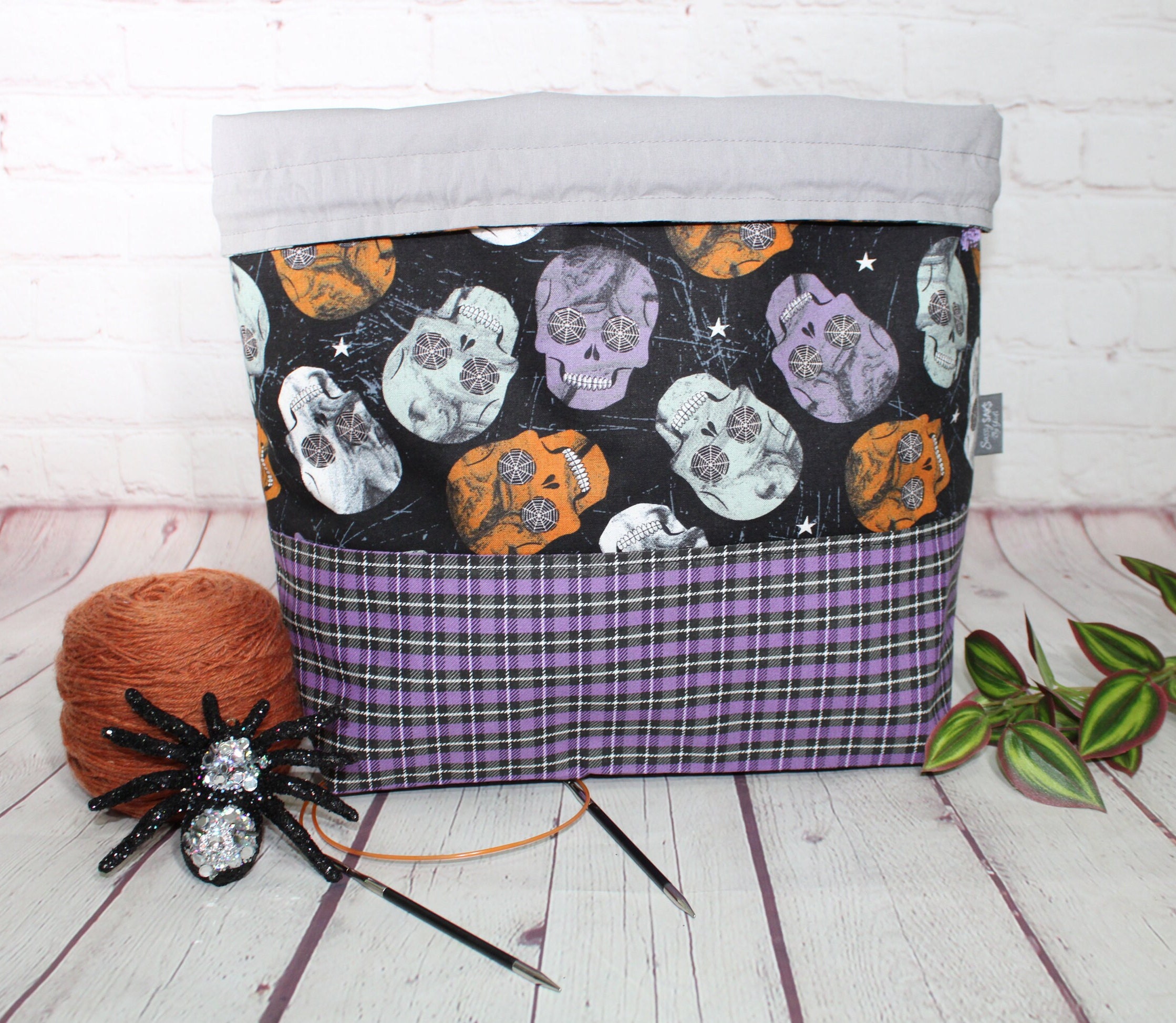 Skulls on Purple Plaid Knitting Project Bags XL Large - Etsy