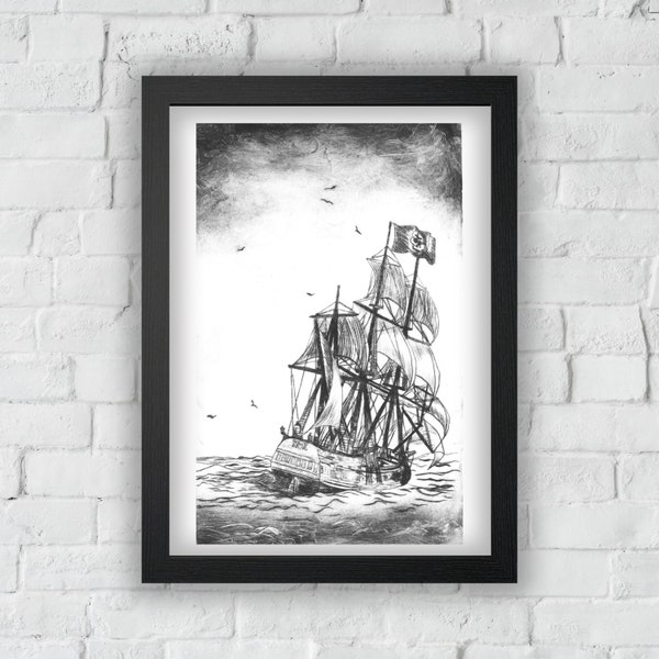 Downloadable Pirate Ship, Black and White, Drypoint technique design, Printable Art