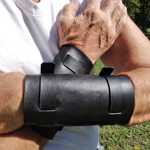 Leather forearm / wrist cuff, extra wide.  6&quot; wide 7 1/2&quot; long at the wrist diameter with two 3/4&quot; buckle bands.