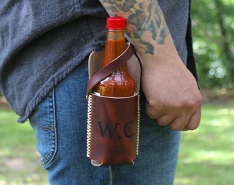 USA HANDMADE Leather Hot Sauce Holster - 10oz Sauce Holder - 5oz Sauce Holder - Gift for Dads - Gift for Boyfriend - Funny Gift