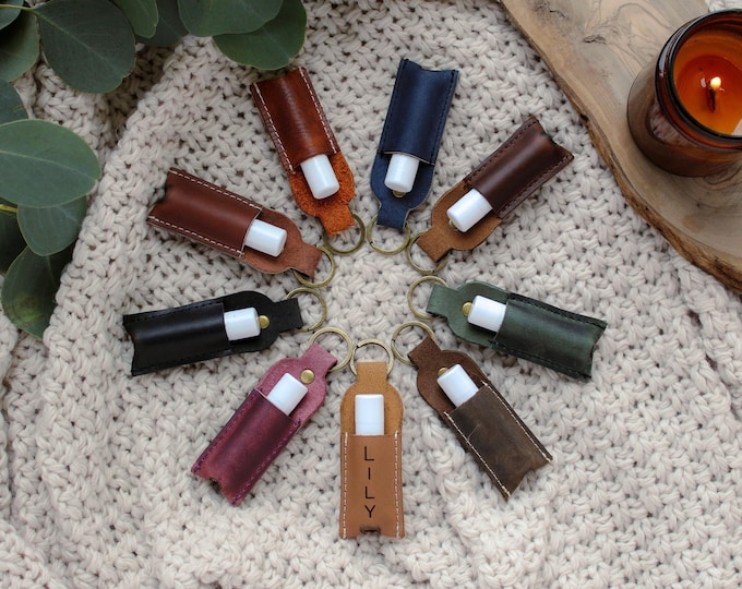 USA HANDMADE Personalized Leather Chapstick Holder Keychain - Lip Balm Keychain - Gift for Sister - Travel Accessories - Cute Keychain