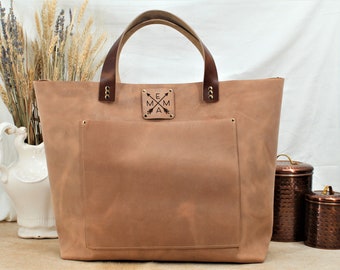 Large Leather Tote Bag, Everyday Tote, Personalized Leather Purse