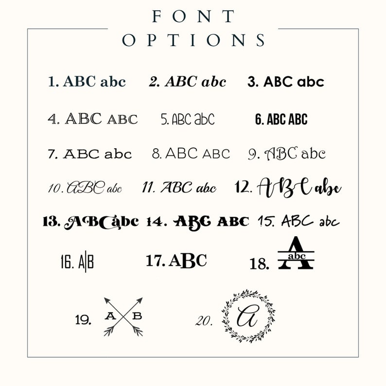 Peut inclure: Un tableau pr&eacute;sentant 20 styles de police diff&eacute;rents, num&eacute;rot&eacute;s de 1 &agrave; 20. Chaque style de police est affich&eacute; avec les lettres ABC et abc.