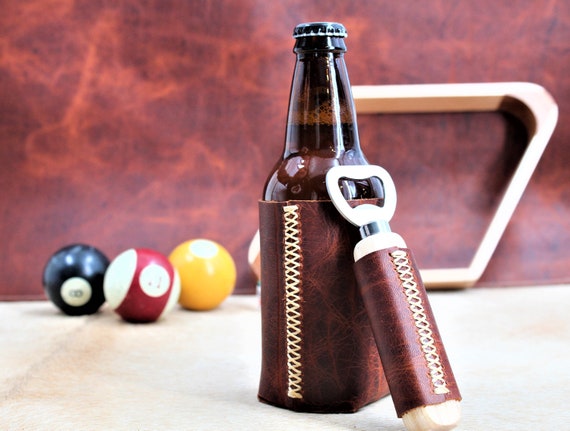 Leather Beer Holder and Bottle Opener Set Drink Insulator 