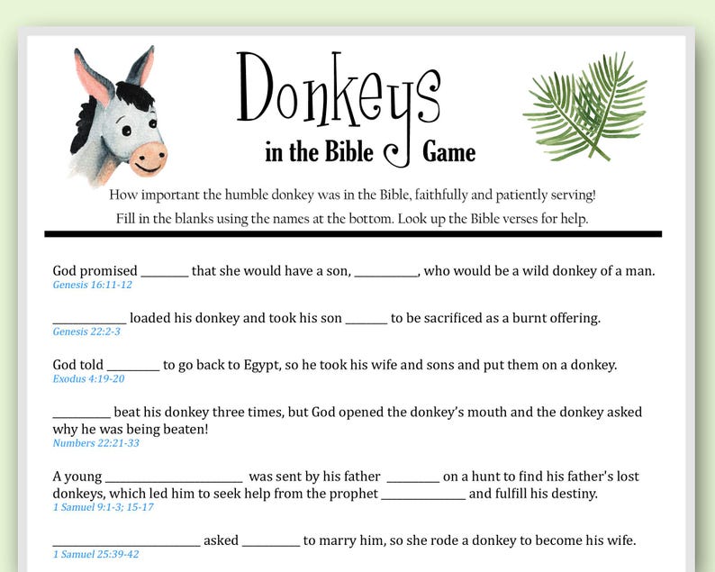 Donkeys in the Bible Trivia Game – Printable Bible Game – Sunday School ...