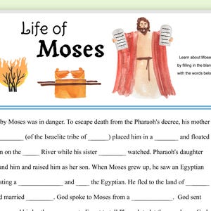 Könnte beinhalten: Ein Arbeitsblatt mit dem Titel "Leben des Moses" mit Illustrationen eines brennenden Busches, einer Arche und Moses, der Tafeln hält. Der Text enthält Lückentexte über das Leben des Moses.
