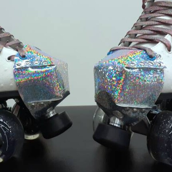 holographic rainbow glitter toe caps, vegan toe guards, handmade roller skate accessories, quad boot protectors roller derby stuff sparkle