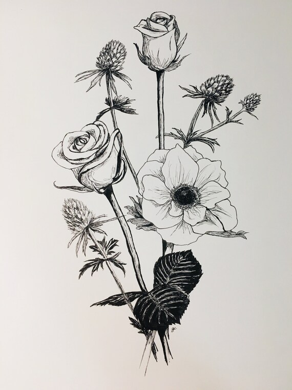 Custom Ink Flower Bouquet Art Sketch Drawing Illustration From Your Photo