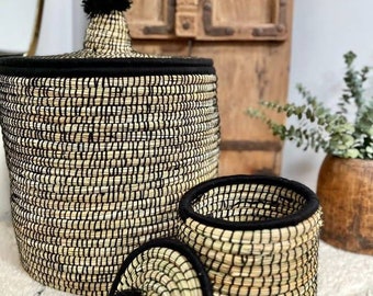 Basket basket berber artisanal box with braided lid in natural fiber and wool