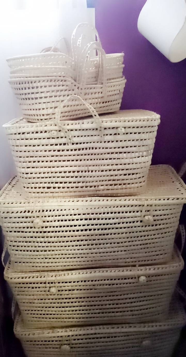 Malle de Rangement, Valise, Coffre à Jouets, Valisette, Malle en Feuille Palmier, Rotin, Artisanale,
