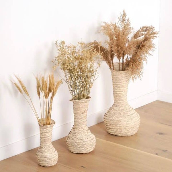 Braided palm leaf vase pot jar interior decoration dried flowers boho Wabi-sabi Moroccan minimalist ethnic crafts