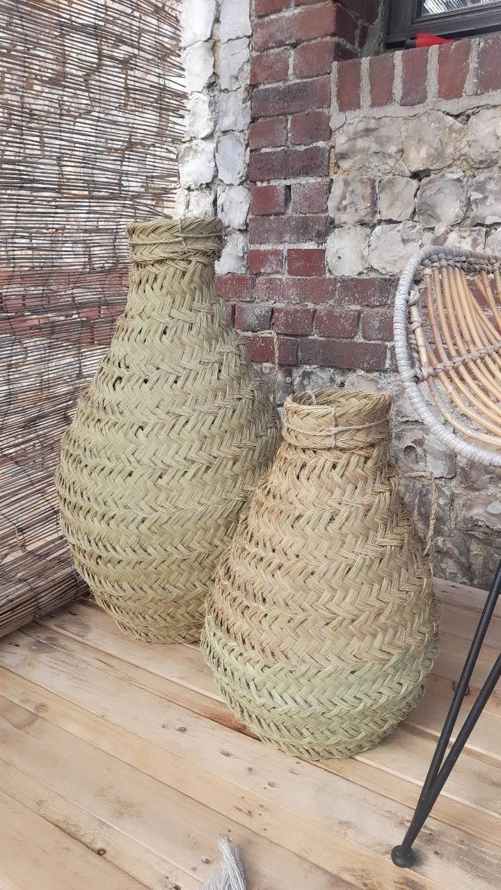 Vase Tressé en Feuille de Palmier Jarre Pot Décoration d'intérieur Fleurs Séchées Bohème Wabi-Sabi A