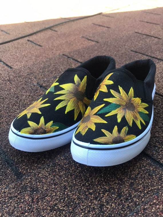 black slip on vans with sunflowers