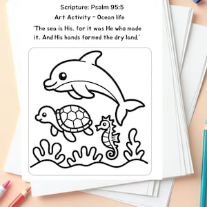 Psalm 95:5 Ocean Life Coloring Sheet, Dolphin Turtle Seahorse Printable, Under the Sea Activity for Kids, Instant Download PDF