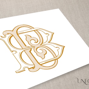 Op de afbeelding: Een gouden monogram met de letter "B" in een decoratieve, sierlijke stijl. De letter is gestyled met ingewikkelde details en een textuurpatroon.