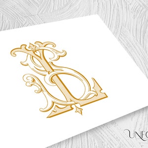 May include: A gold monogram with the letters "LS" intertwined in a decorative, stylized font.