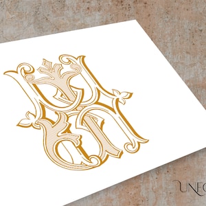 May include: A gold monogram design with the letters "M" and "H" intertwined in a decorative, ornate style.