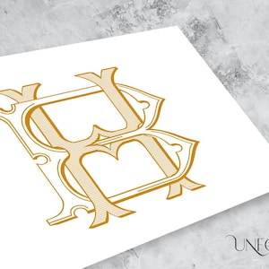 May include: A gold monogram with the letter "B" in a decorative, ornate style. The letter is stylized with intricate details and a classic, elegant design.