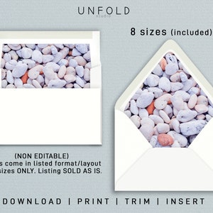 May include: A set of 8 printable envelope liners featuring a pattern of white and orange stones. The liners are non-editable and come in the listed format and sizes only. The listing is sold as is. The text "DOWNLOAD | PRINT | TRIM | INSERT" is at the bottom of the image.