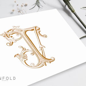 May include: A gold-colored, ornate, decorative letter "V" with intricate flourishes and swirls. The letter is on a white background with the text "UNFOLD studio" at the bottom.